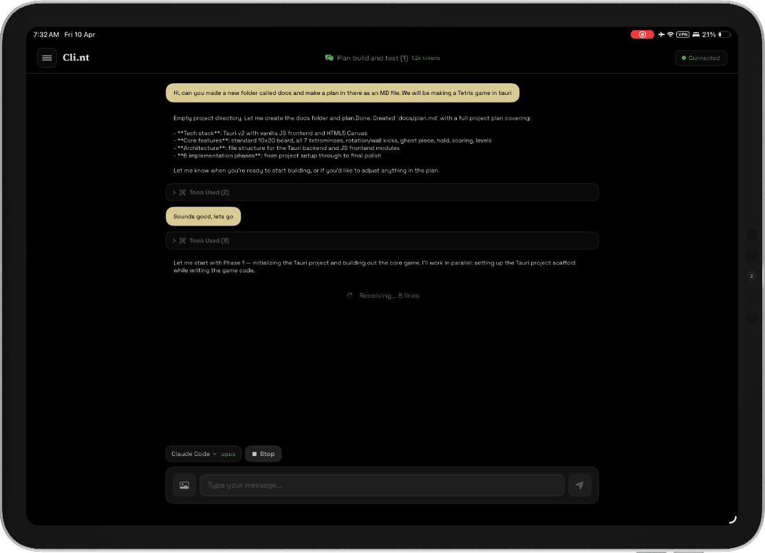 Cli.nt running Claude Code on iPad