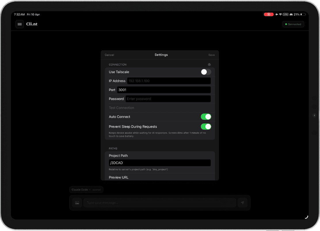LAN and Tailscale connection options on iPad